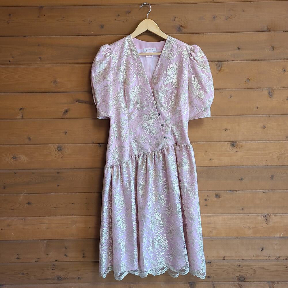 Vintage Halston Dress Pink Gold Brocade Coquette Puff Sleeve Feminine Formal